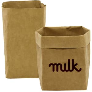 Two medium-sized kraft paper storage bags in brown, featuring a foldover top and a branding logo.