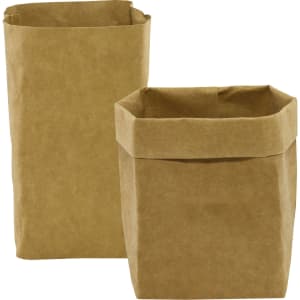 Two medium kraft paper storage bags in a natural brown colour with a folded top. One bag has a square shape.