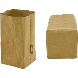A medium kraft paper storage bag in a natural brown colour with a logo on the side.
