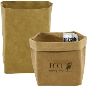 A small, brown Kraft paper storage bag with a fold-over top and a logo on the front. Two bags are displayed.