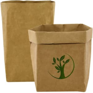 A kraft paper storage bag in brown with a green logo, featuring a foldable design and square shape.