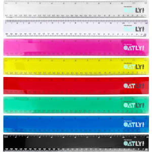 A set of plastic rulers in various colours including clear, pink, yellow, red, blue, and black, each with markings and a logo.