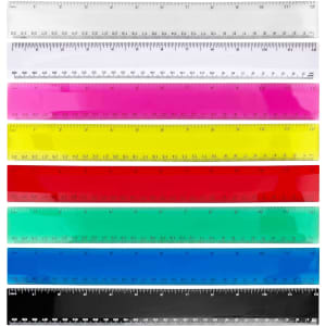 A set of plastic rulers in various colours including clear, pink, yellow, red, green, blue, and black, with measurement markings.