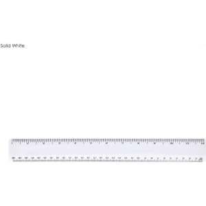 A 30cm solid white plastic ruler with black measurement markings and a logo on one end.