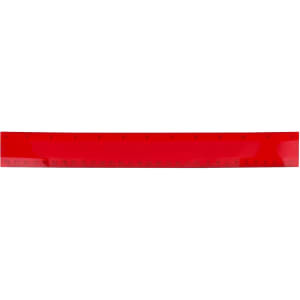 A red plastic ruler measuring 30cm, featuring markings for measurements. It includes a logo.