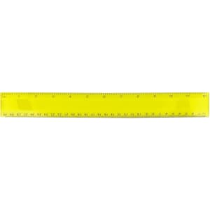 A bright yellow plastic ruler measuring 30cm, featuring markings for metric measurements and a branding logo.