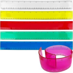 A set of five soft PVC rulers in clear, yellow, red, green, and blue, along with a flexible pink ruler.