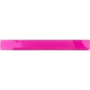A bright pink PVC soft plastic ruler with measurement markings on one edge and a logo.