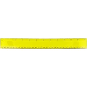A bright yellow PVC soft plastic ruler featuring both metric and imperial measurements, with a logo present.