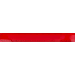 A red PVC soft plastic ruler featuring metric measurements and a logo.