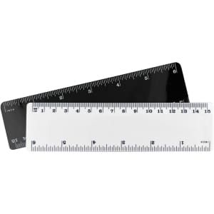 A 15cm plastic ruler in white and black, featuring measurement markings on both sides and a logo.