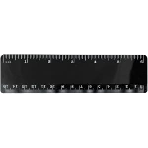 A black plastic ruler measuring 15cm, featuring clear markings in inches and a branding logo.