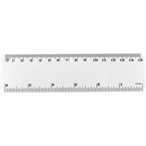 A clear plastic ruler measuring 15cm with black markings for measurements. It has a logo in one corner.