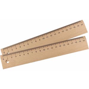 A wooden 20cm ruler with centimetre markings, featuring a small hole, in a light natural wood colour.