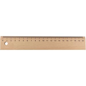 A wooden ruler measuring 20 cm, featuring a hole at one end and markings in centimetres.
