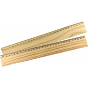 A wooden 30cm ruler featuring metric measurements, showcasing a light timber finish with a smooth surface and a branding logo.