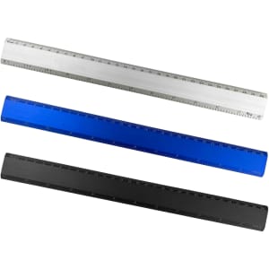 A 30cm aluminum ruler set featuring three colours: clear, blue, and black, each with measurement markings.