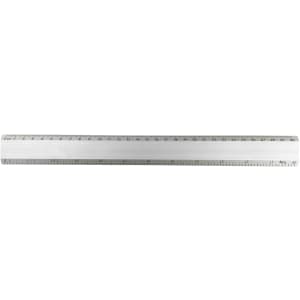 A 30cm aluminium ruler in silver, featuring measurement markings and a logo.