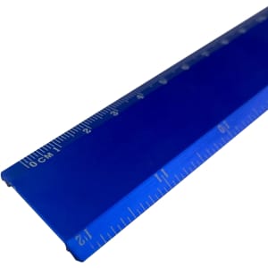 A blue aluminium ruler measuring 30cm, featuring clear markings for centimetres and millimetres.
