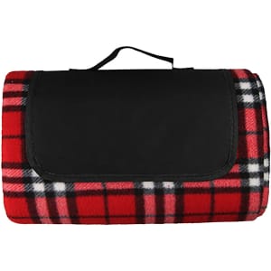 A red and black checkered picnic blanket with a black carry strap and a folded design. It features a logo on the front.