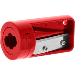A red carpenter pencil sharpener with a metal blade, designed for sharpening carpenter pencils.