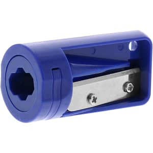 A blue carpenter pencil sharpener with a metal blade and a contoured body for easy handling.