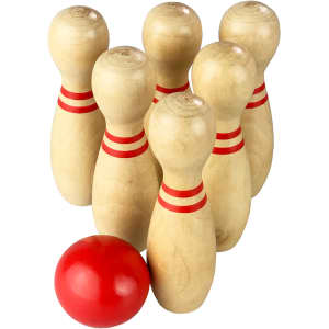 A wooden bowling set featuring six pins with red stripes and a red bowling ball.