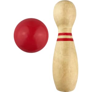 A wooden bowling pin in a light wood finish with red stripes beside a red bowling ball. Both components are smooth and rounded.