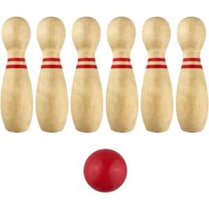 A wooden bowling set featuring six pins with red stripes and a red bowling ball, arranged for play.