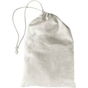 A lightweight, neutral-coloured drawstring bag made of fabric with a simple design and a cord closure.