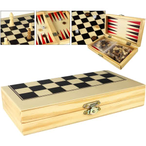 A wooden game case featuring a chessboard and backgammon layout, containing game pieces and dice. It has a light wood finish.