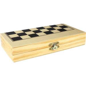 A wooden play case featuring a black and cream checkerboard design, with a secure clasp for closure.