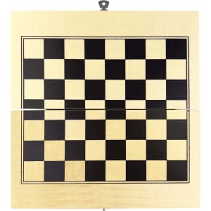 A wooden play case featuring a black and beige checkered board for various games. It includes a logo on the surface.