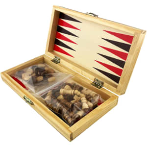 A wooden play case with a colourful interior, containing chess pieces and other game components.