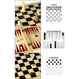 A wooden play case featuring a black and white checked design for chess, checkers, and backgammon, with game pieces included.