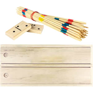 A wooden play set featuring coloured sticks and dominoes in natural wood tones. The set includes a logo.