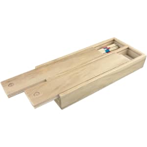 A wooden play set featuring a sleek, light-coloured design with compartments for game pieces. It includes a branding logo.