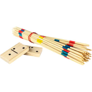 A set of colourful wooden picks and two wooden domino pieces, featuring black dots. The picks are bundled together.