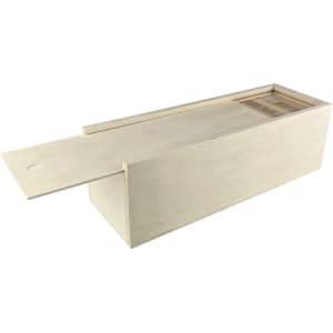 A wooden box containing a large Jenga set with multiple wooden blocks and a sliding lid, featuring a natural finish.