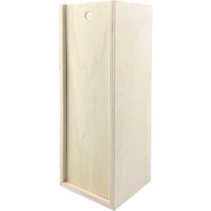 A tall, light-coloured wooden box with an open side and a round hole at the top. It has a smooth finish.