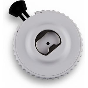 A drink bottle opener in white, featuring a circular design with a black lever and a small logo.