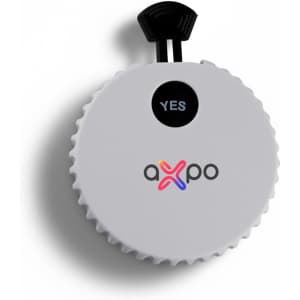 A drink bottle opener in white with a black pull tab and a logo on the front.