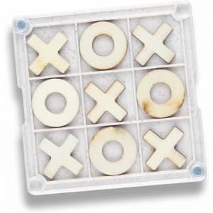 A Tic Tac Toe board game coaster featuring a white and natural wood design with X and O pieces. It has a clear protective cover.