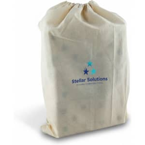 A drawstring bag in cream featuring a logo. The bag appears to contain wooden yard dice inside.