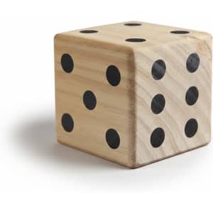A wooden yard dice set featuring large, polished cubes with black dots on a natural wood finish.