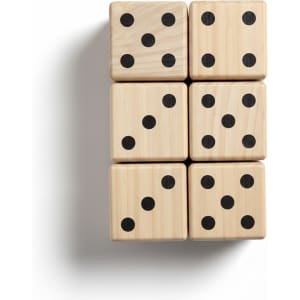A set of six wooden yard dice, featuring a light natural wood finish with black dots.
