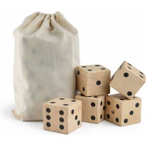A set of wooden yard dice in a drawstring bag, featuring five light-coloured dice with black dots.