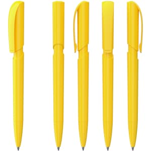Five yellow plastic pens with a glossy finish, featuring a clip on the cap and a smooth barrel design.