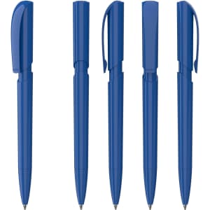 Five blue plastic pens displayed in various positions, featuring a sleek design and clips for convenience.