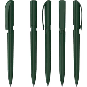 A set of five dark green plastic pens with varying designs and a logo on each.